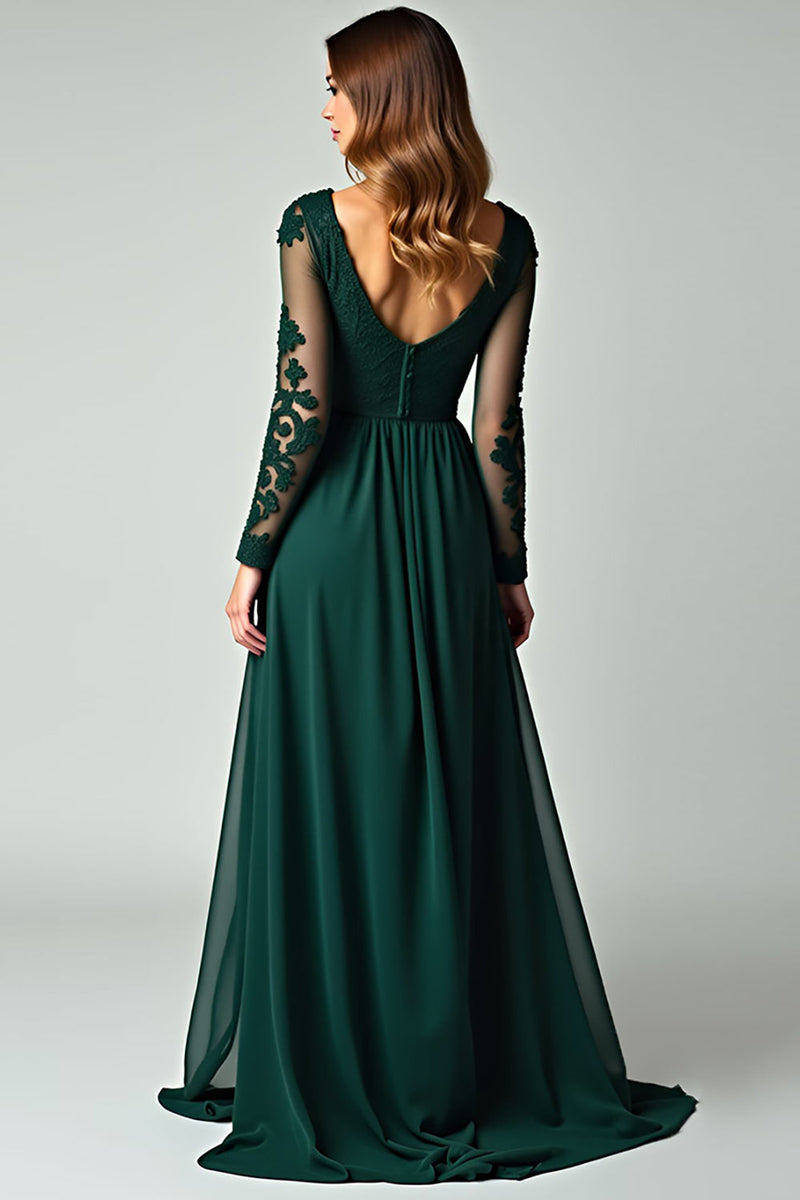 Load image into Gallery viewer, V-Neck Pine Appliqued Prom Dress with Long Sleeves