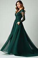 Load image into Gallery viewer, V-Neck Pine Appliqued Prom Dress with Long Sleeves
