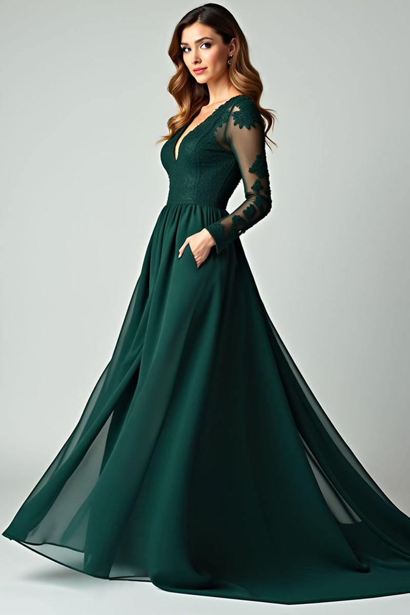 Load image into Gallery viewer, V-Neck Pine Appliqued Prom Dress with Long Sleeves