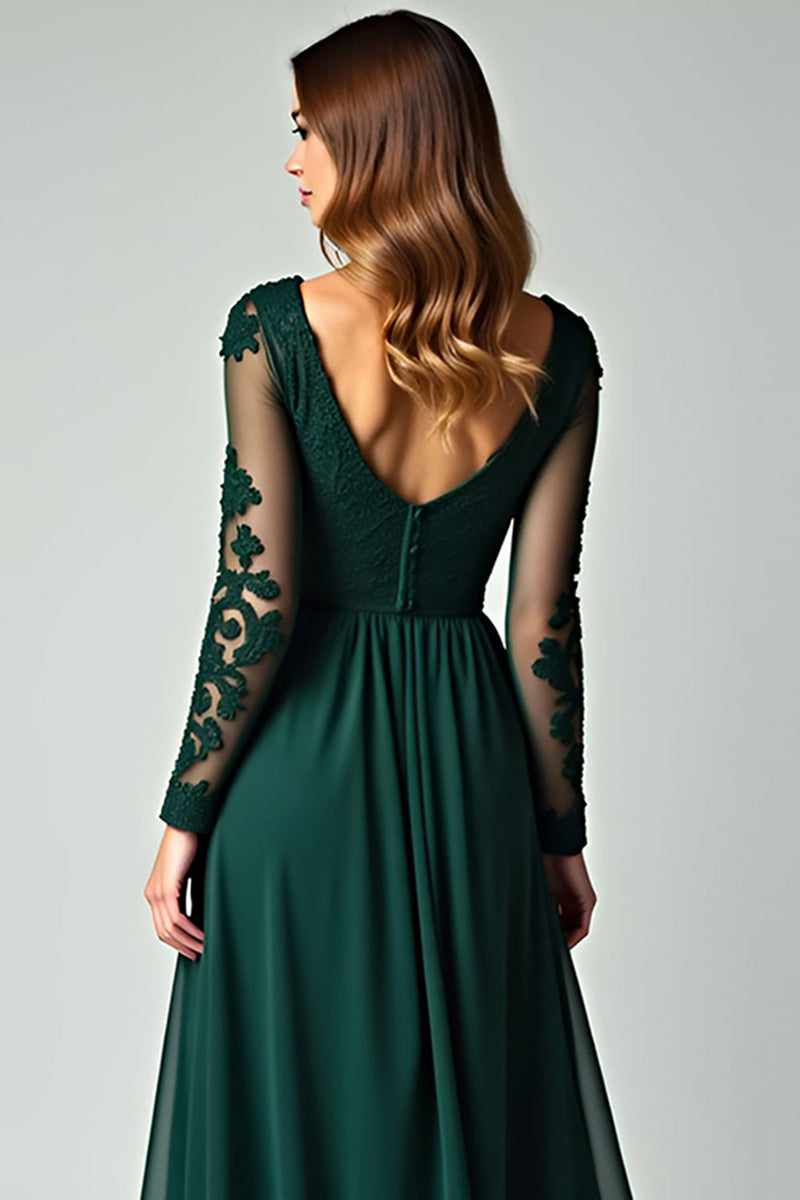 Load image into Gallery viewer, V-Neck Pine Appliqued Prom Dress with Long Sleeves