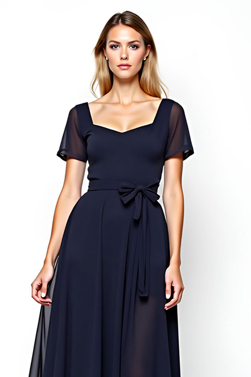 Load image into Gallery viewer, Navy Chiffon Square Neck Mother of the Bride Dress with Short Sleeves