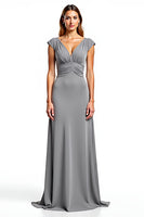 Load image into Gallery viewer, Sliver Chiffon V-Neck Long Ruched Mother of the Bride Dress