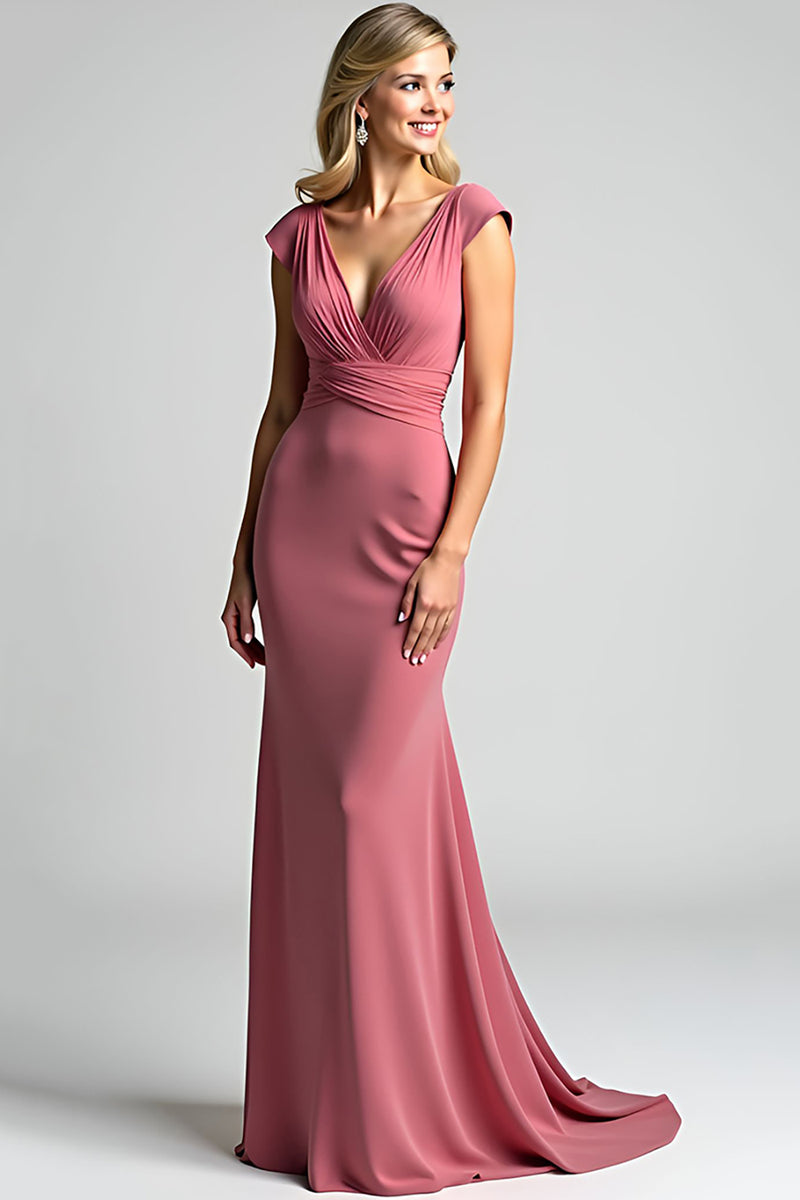 Load image into Gallery viewer, Desert Rose Mermaid V-Neck Long Ruched Mother of the Bride Dress
