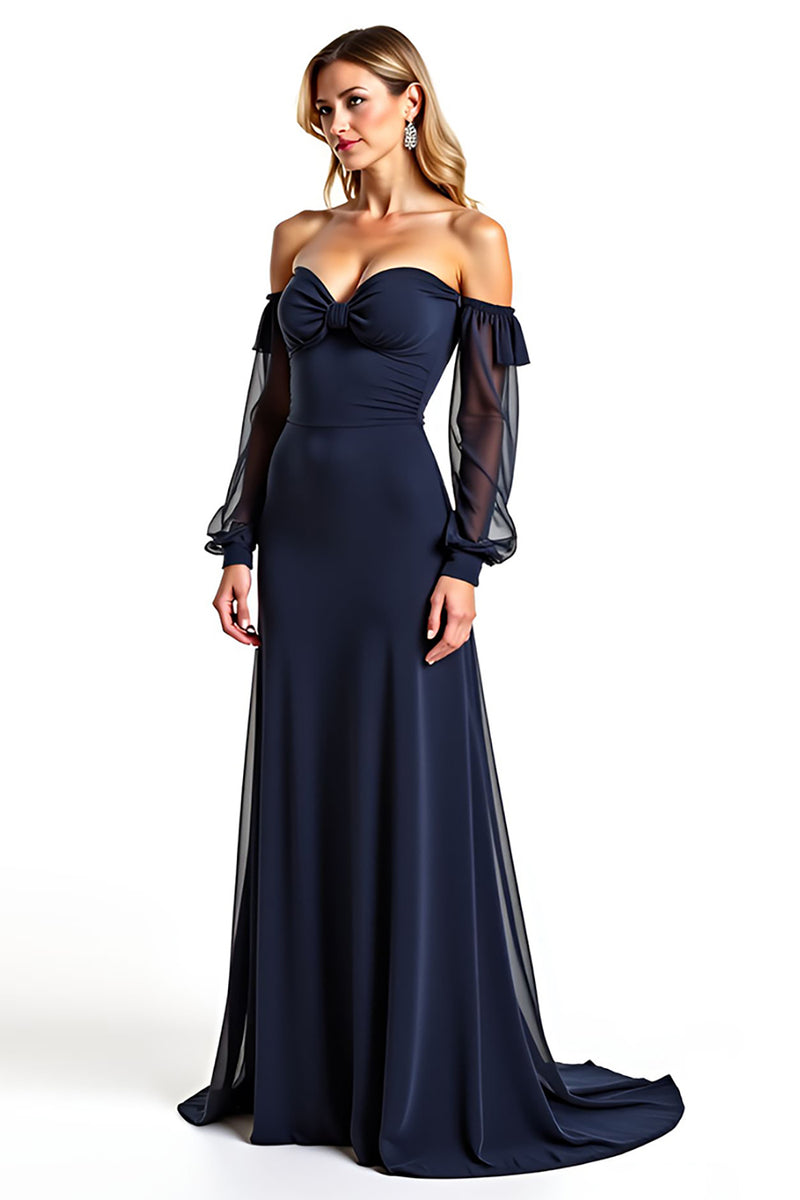 Load image into Gallery viewer, Navy Sweetheart Long Sheer Sleeves Mother of the Bride Dress with Ruffles