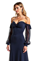 Load image into Gallery viewer, Navy Sweetheart Long Sheer Sleeves Mother of the Bride Dress with Ruffles