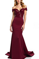 Load image into Gallery viewer, Burgundy Mermaid Off the Shoulder Long Mother of the Bride Dress with Sequins