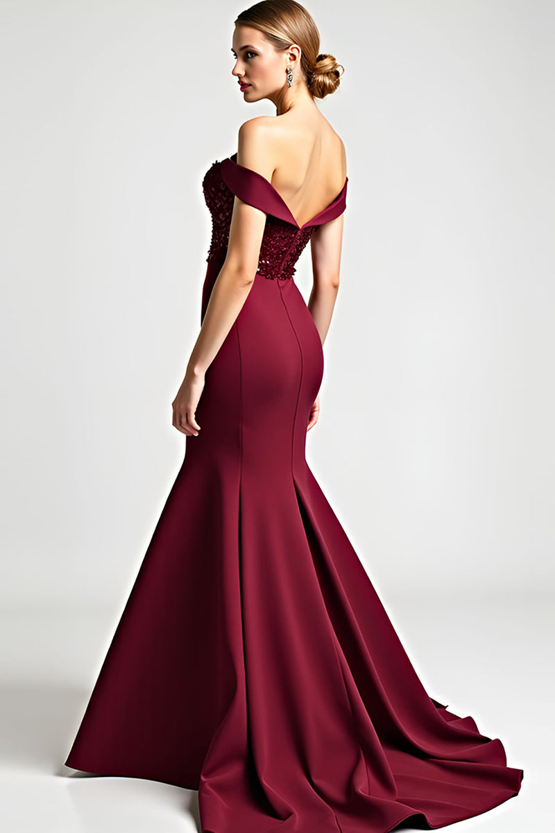 Load image into Gallery viewer, Burgundy Mermaid Off the Shoulder Long Mother of the Bride Dress with Sequins