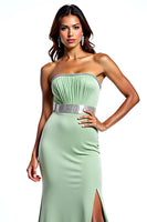 Load image into Gallery viewer, Sheath Dusty Sage Square Neck Long Prom Dress with Slit