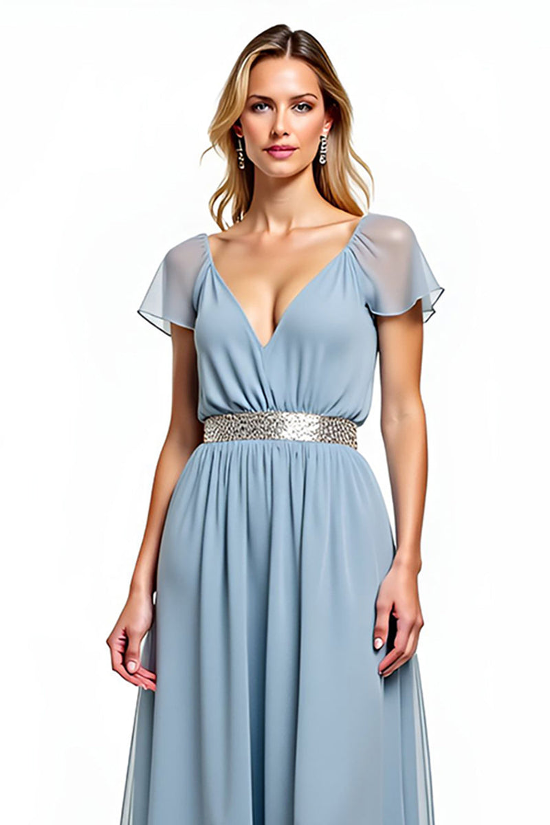 Queendancer Women Dusty Blue A Line V-Neck Long Wedding Guest Dress