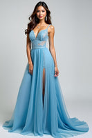 Load image into Gallery viewer, A Line Light Blue V-Neck Appliqued Long Prom Dress with Slit