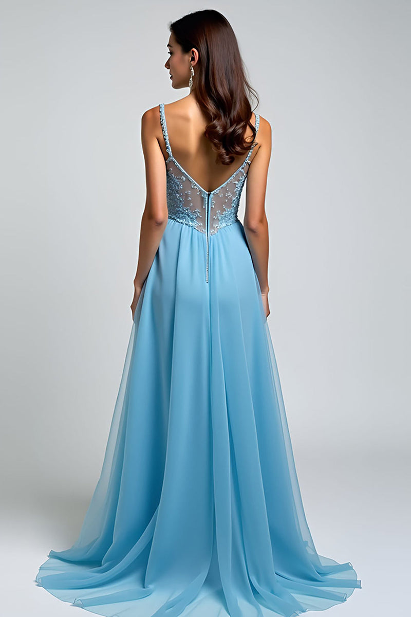 Load image into Gallery viewer, A Line Light Blue V-Neck Appliqued Long Prom Dress with Slit