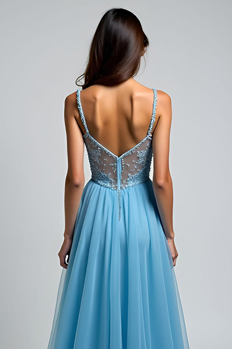 Load image into Gallery viewer, A Line Light Blue V-Neck Appliqued Long Prom Dress with Slit