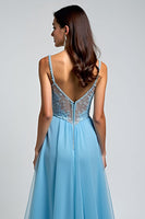 Load image into Gallery viewer, A Line Light Blue V-Neck Appliqued Long Prom Dress with Slit