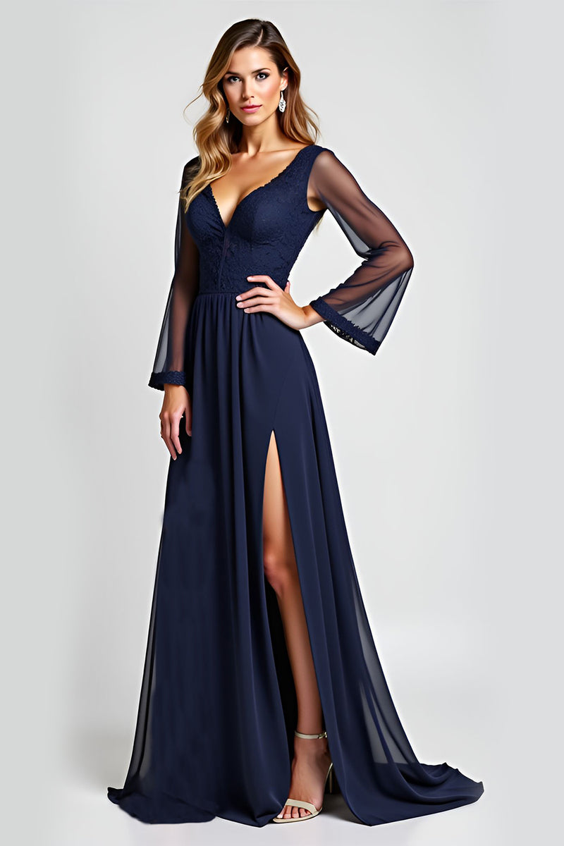 Load image into Gallery viewer, Navy A Line V-Neck Long Sleeves Mother of the Bride Dress with Slit