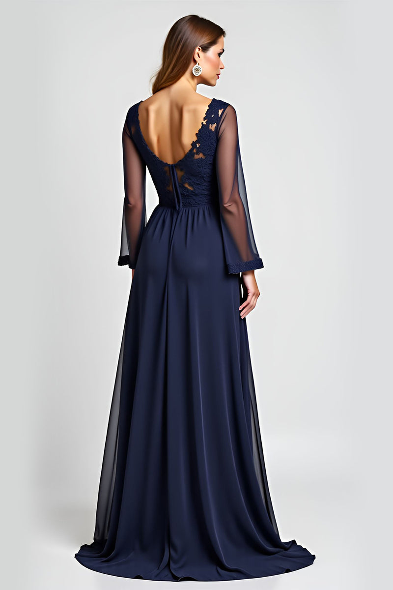 Load image into Gallery viewer, Navy A Line V-Neck Long Sleeves Mother of the Bride Dress with Slit