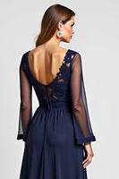 Load image into Gallery viewer, Navy A Line V-Neck Long Sleeves Mother of the Bride Dress with Slit