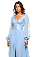Load image into Gallery viewer, Sky Blue Long Chiffon Prom Dress with Long Sleeves