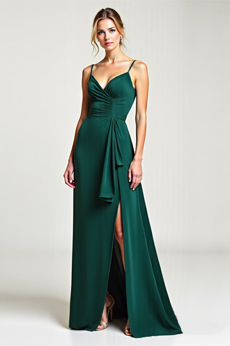 Queendancer Women V-Neck Pine Long Ruffled Bridesmaid Dress with Slit