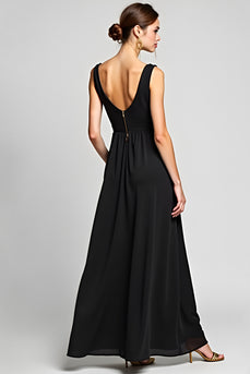 Black A Line Deep V-Neck Long Chiffon Ruched Formal Dress