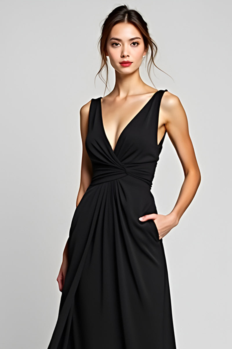 Load image into Gallery viewer, Black A Line Deep V-Neck Long Chiffon Ruched Formal Dress