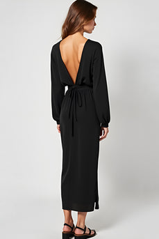 Black Deep V-Neck Long Black Tie Dress with Long Sleeves