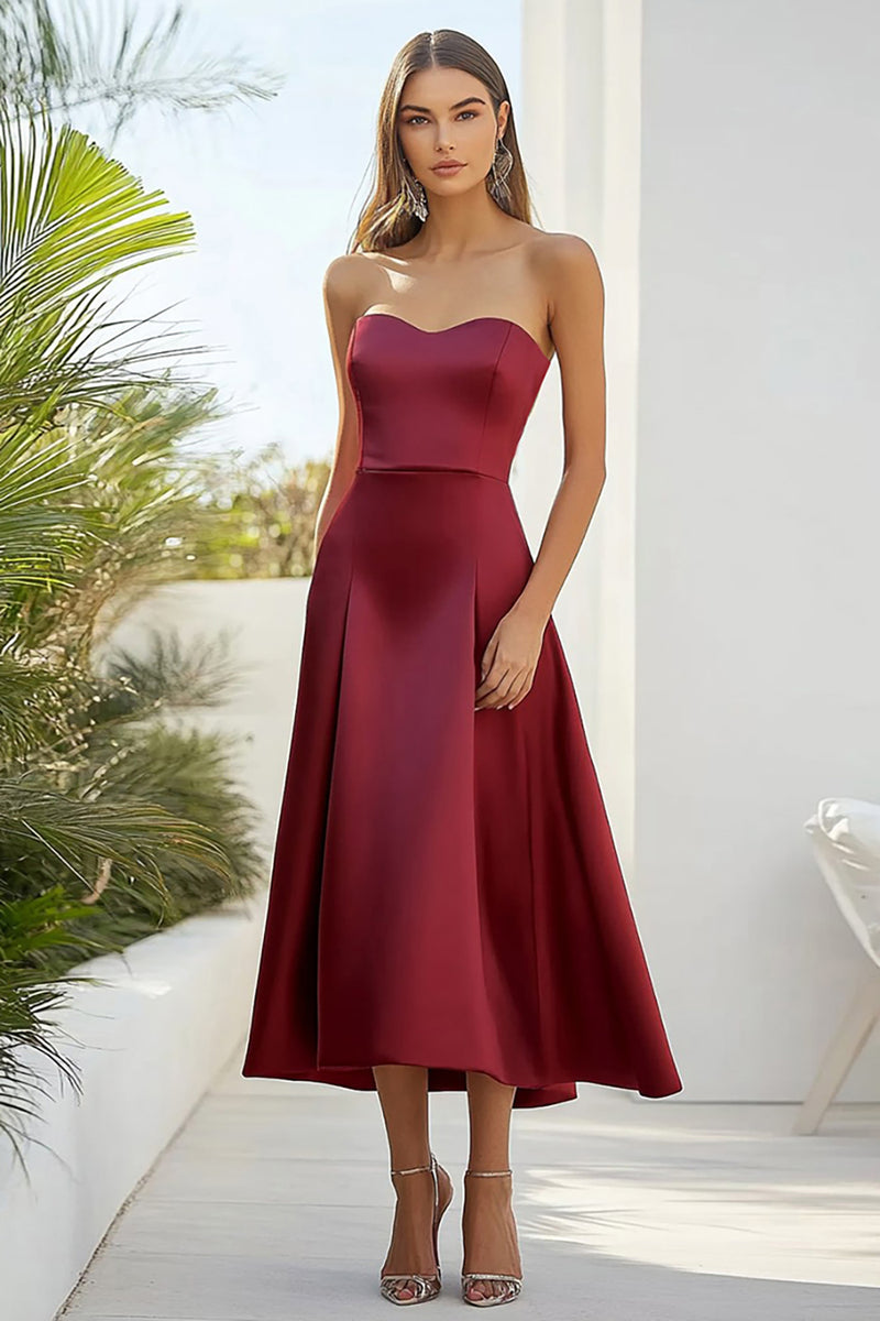 Queendancer Women Burgundy Strapless Satin Formal Dress A Line Ruched