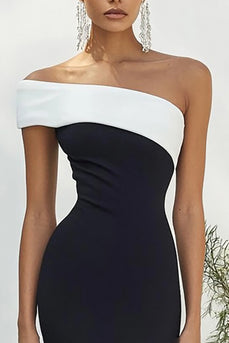 Black White One Shoulder Satin Long Formal Dress