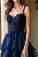 Load image into Gallery viewer, Navy Tiered Lace Long Prom Dress with Ruffles