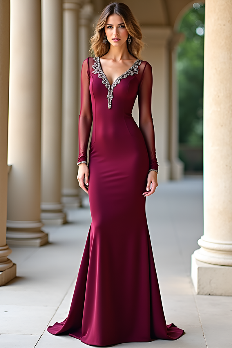 Queendancer Women Sparkly Burgundy Sheath Beaded Prom Dress with Long