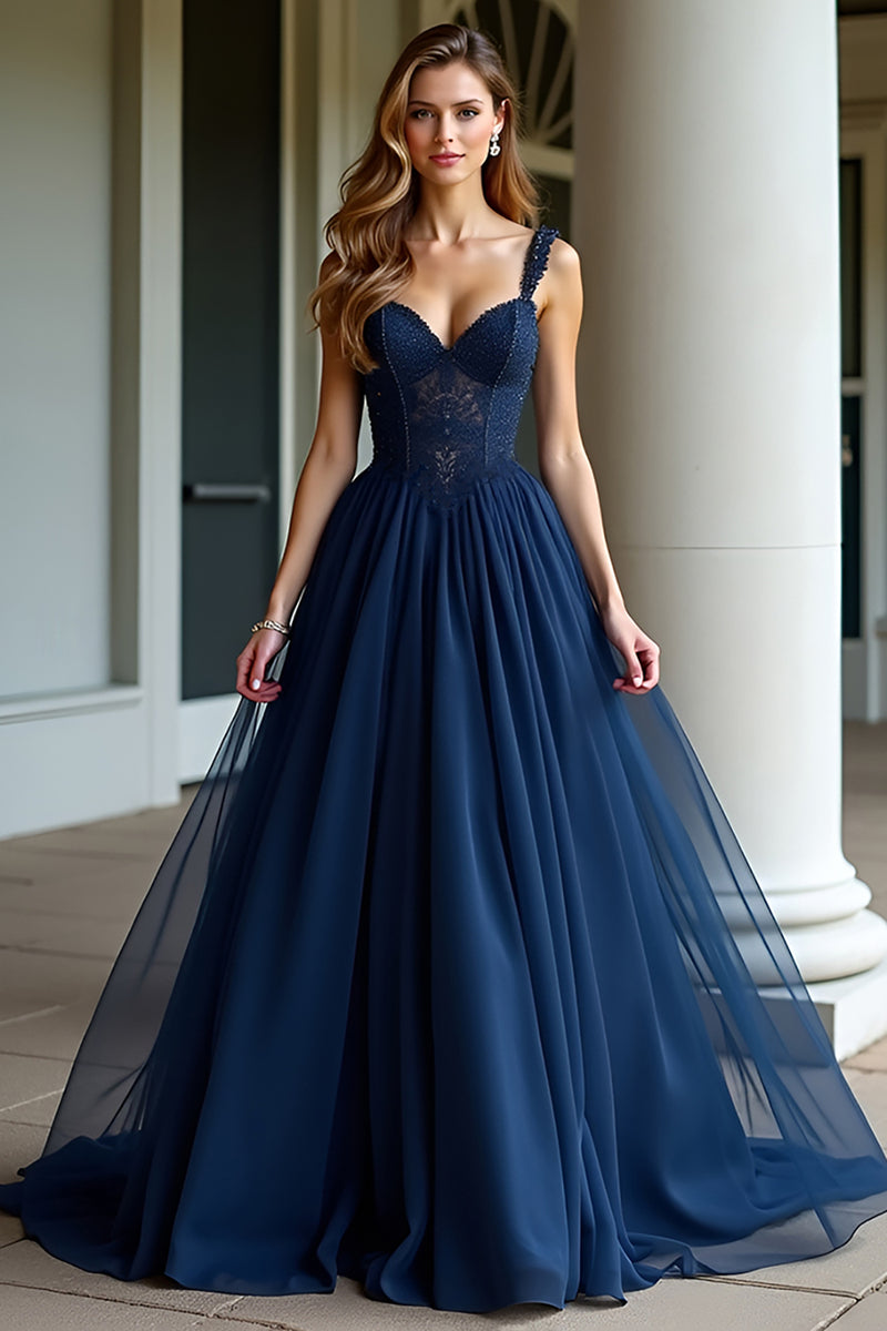 Load image into Gallery viewer, Navy Tulle Spaghetti Straps A Line Long Prom Dress