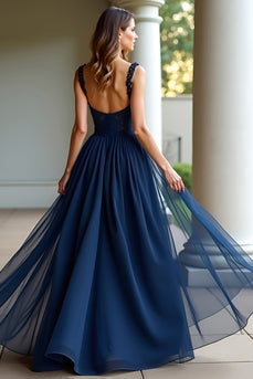Navy Tulle Spaghetti Straps A Line Long Prom Dress