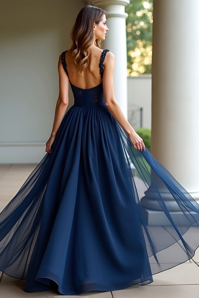 Load image into Gallery viewer, Navy Tulle Spaghetti Straps A Line Long Prom Dress