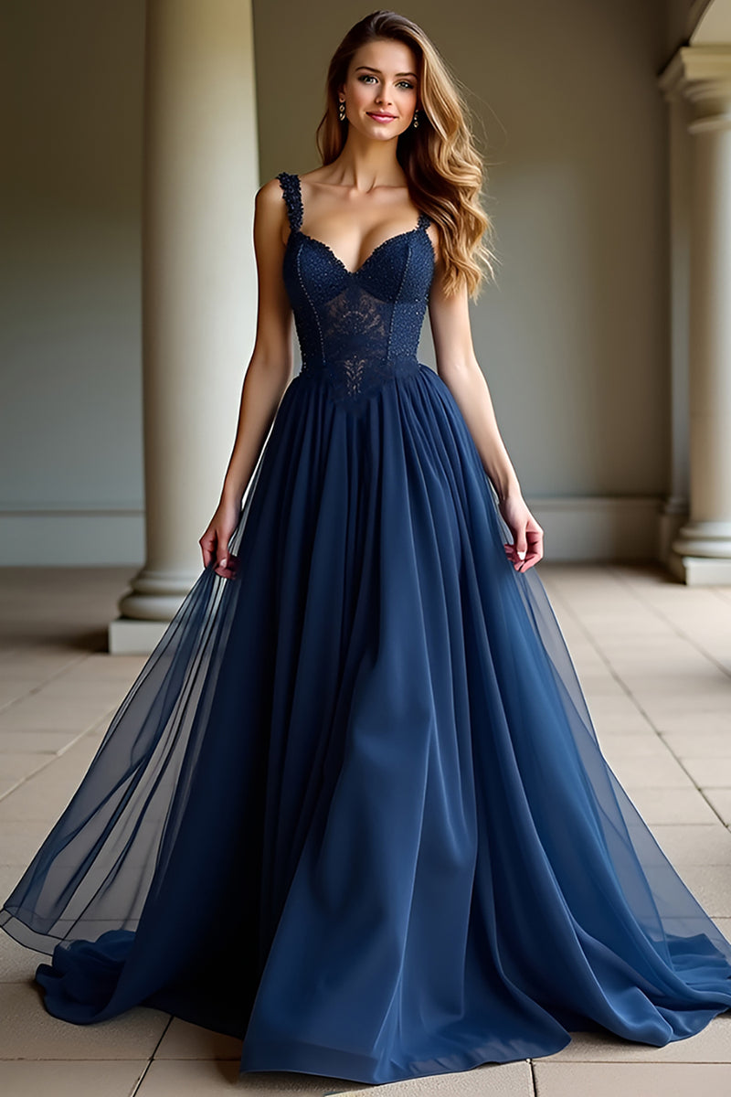 Load image into Gallery viewer, Navy Tulle Spaghetti Straps A Line Long Prom Dress