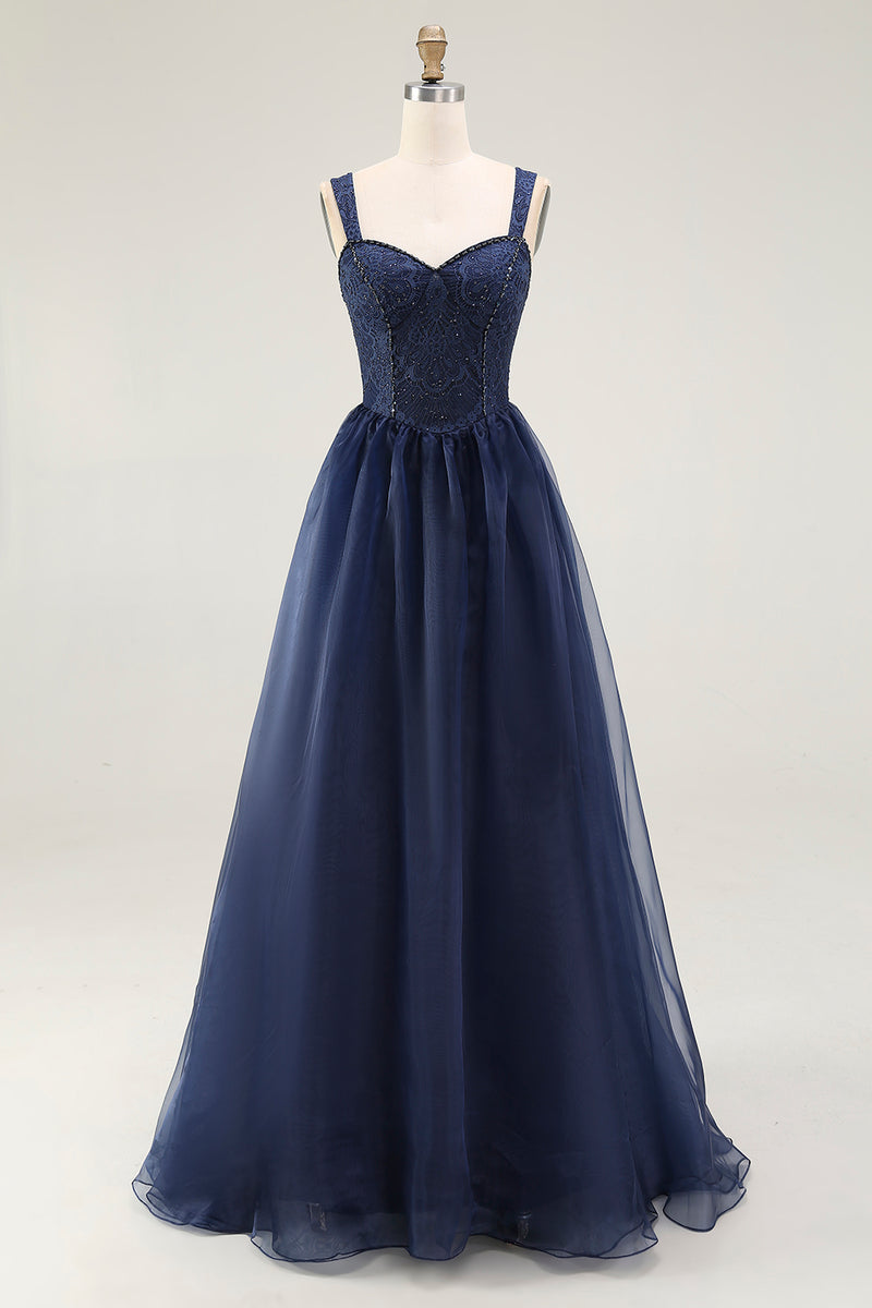Load image into Gallery viewer, Navy A Line Tulle Spaghetti Straps Long Prom Dress