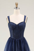 Load image into Gallery viewer, Navy A Line Tulle Spaghetti Straps Long Prom Dress