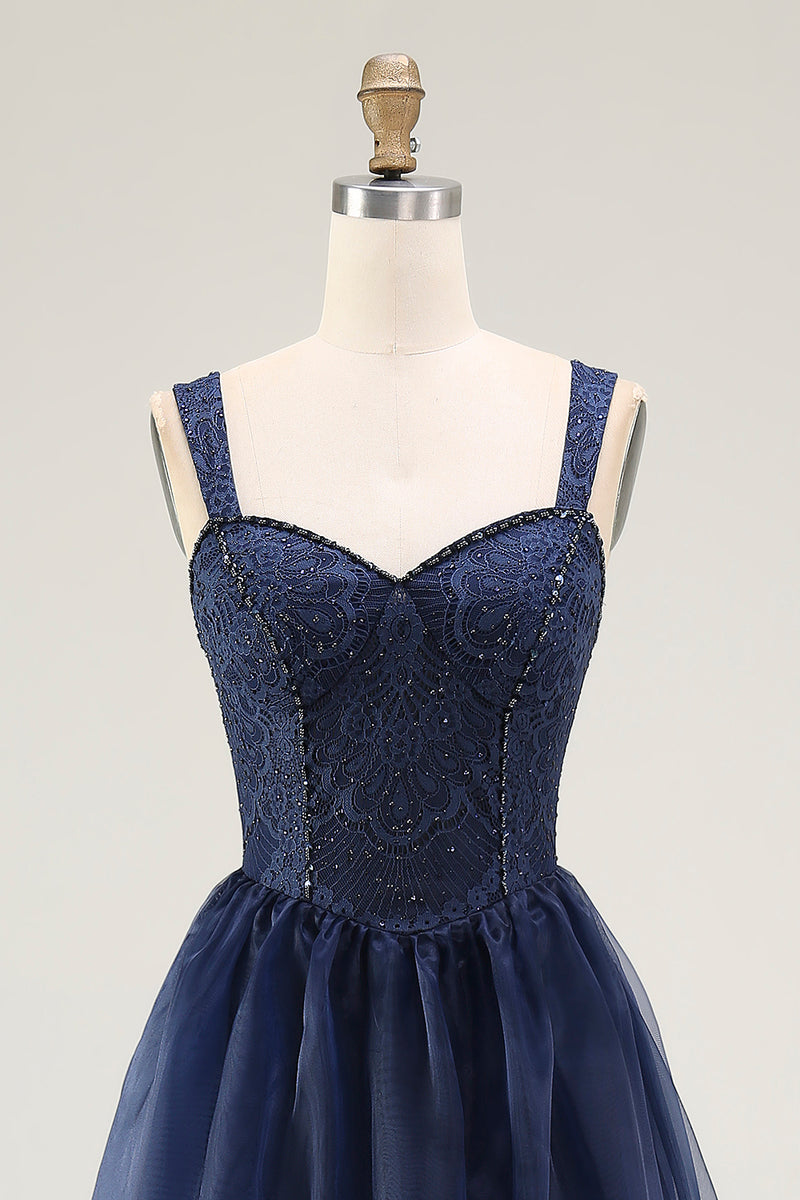Load image into Gallery viewer, Navy A Line Tulle Spaghetti Straps Long Prom Dress