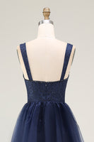 Load image into Gallery viewer, Navy A Line Tulle Spaghetti Straps Long Prom Dress