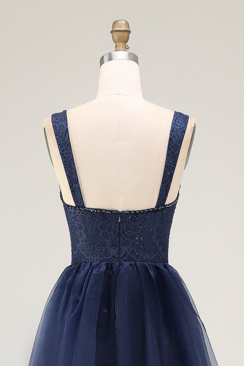 Load image into Gallery viewer, Navy A Line Tulle Spaghetti Straps Long Prom Dress