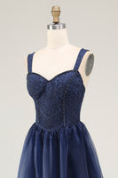 Load image into Gallery viewer, Navy A Line Tulle Spaghetti Straps Long Prom Dress