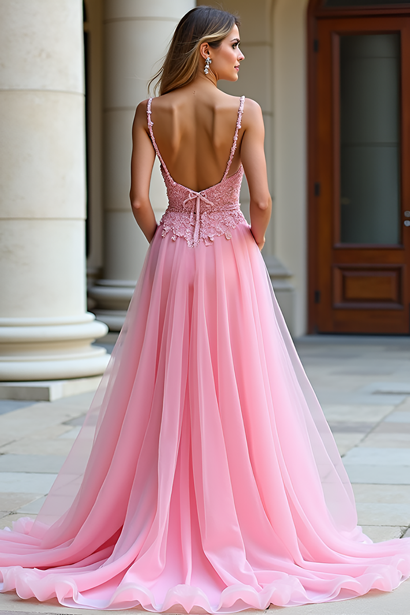 Beautiful A-line Straps Long Evening Prom Dresses, Sleeveless Backless Pink Tulle Prom Dress, PM0824
