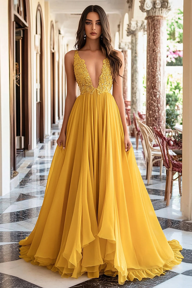 Queendancer Women Yellow Ball Gown Chiffon Prom Dress A Line Deep V