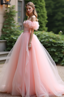 Load image into Gallery viewer, Pink Ball Gown Off the Shoulder Tulle Prom Dress