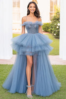 Load image into Gallery viewer, Grey Blue Tulle Spaghetti Straps Long Prom Dress with Slit