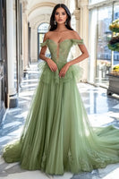Load image into Gallery viewer, Dusty Sage A Line V-Neck Tulle Long Prom Dress with Appliques