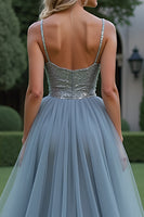 Load image into Gallery viewer, Sparkly Grey Blue Tulle Spaghetti Straps Long Prom Dress with Beading