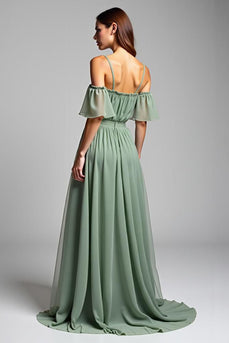 A Line Dusty Sage Cold Shoulder Long Formal Dress