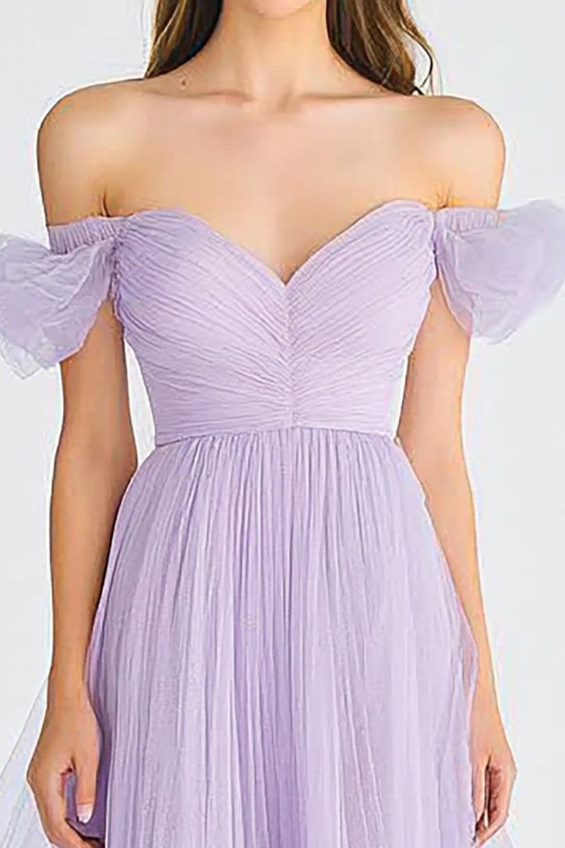 A-Line Crew Neck Lilac Tiered Tulle Long Formal Dress
