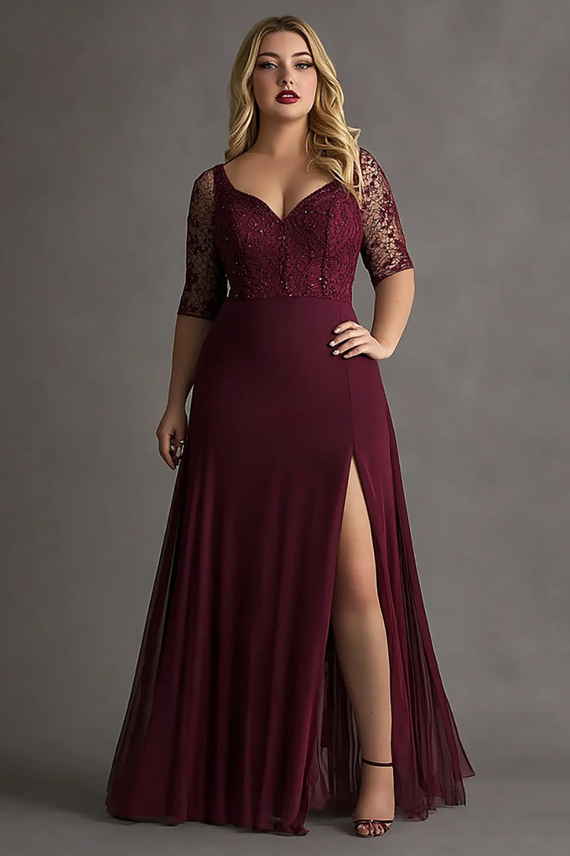burgundy plus size wedding guest dress Queendancer Women Satin A Line Formal with Slit Lace Embroideried Short Sleeves Dress – queendancer formal plus size burgundy dress