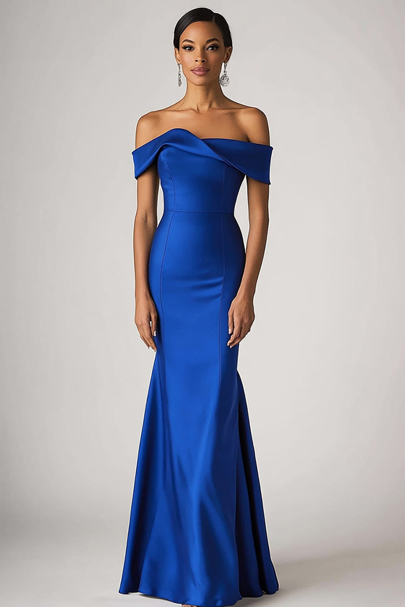Queendancer Women Royal Blue Sheath Satin Long Formal Dress Off the
