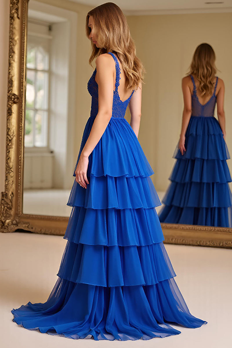 Beautiful  A Line Halter Chiffon Royal Blue Long Prom Dress,Ruffles Evening Dress  cc2410 main image 0